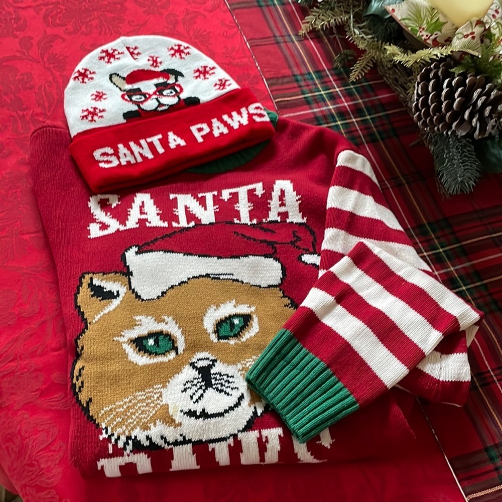 🎊‎ SANTA Paws Ugly Christmas Sweater with Knit Cap.